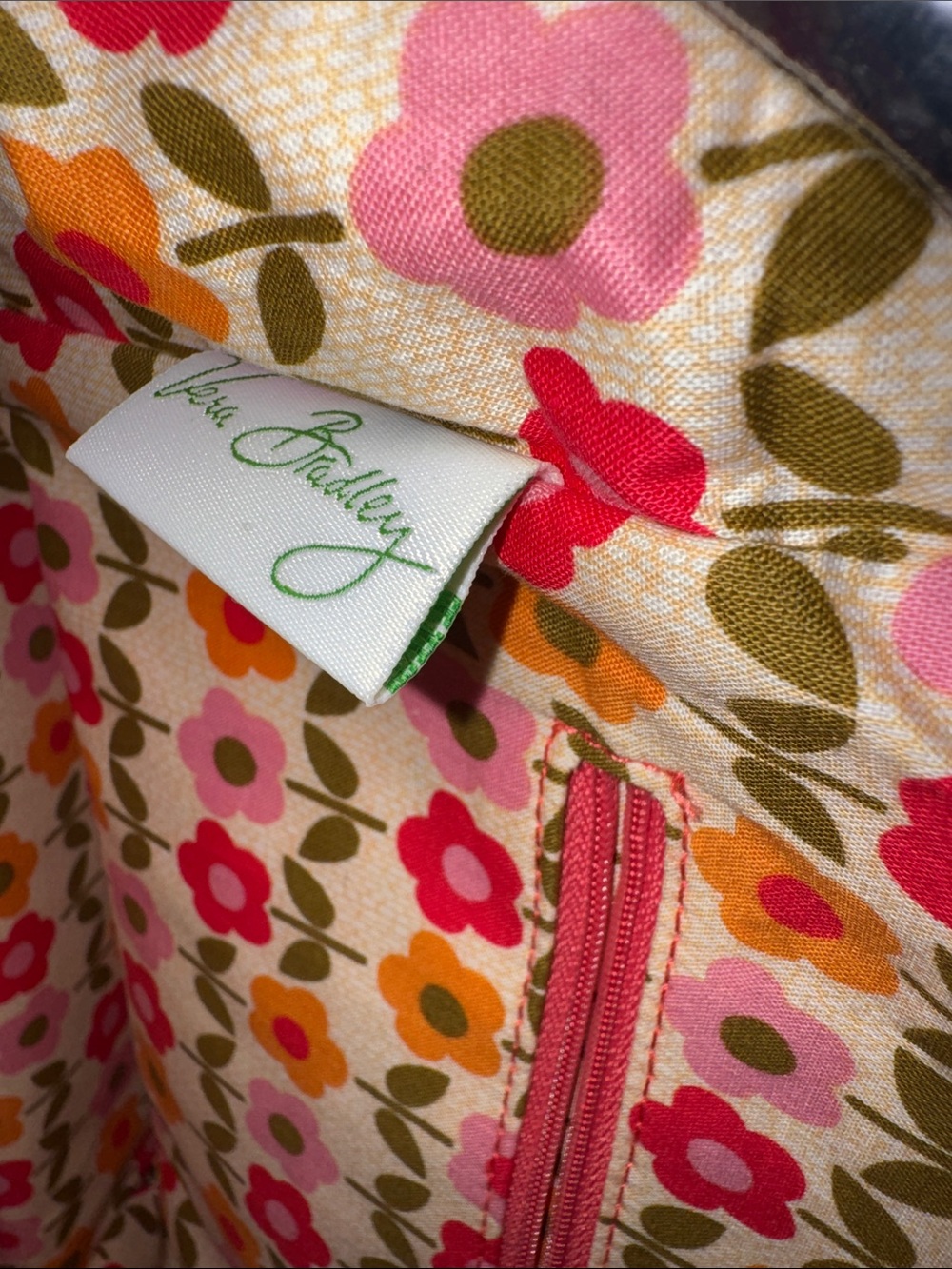 Vera Bradley Floral Quilted Handbag-Pink, Olive & Orange - Picture 9 of 11